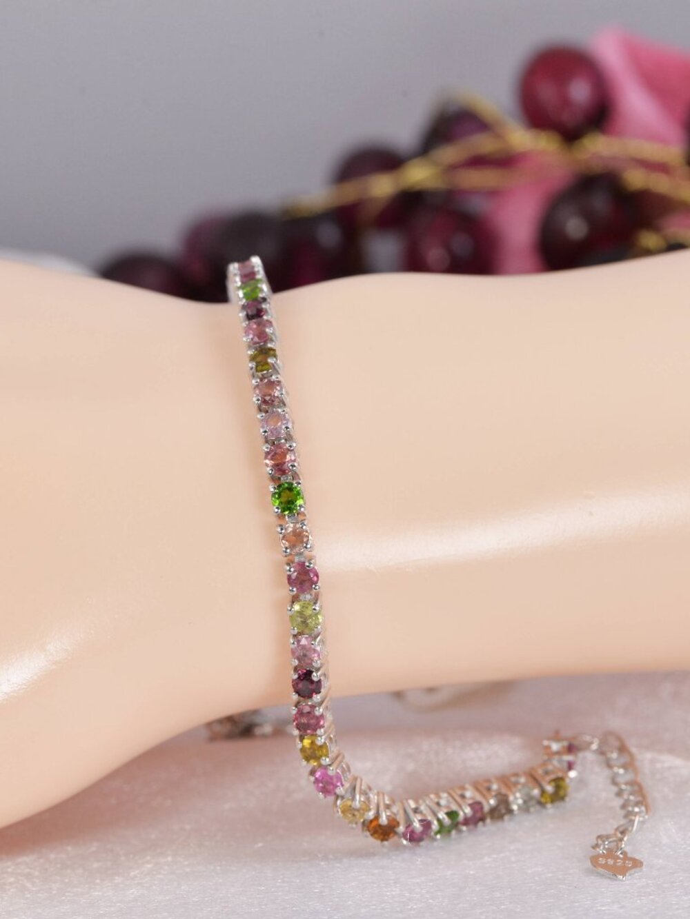 Natural Tourmaline Tennis Bracelet Real Solid 925, 7"